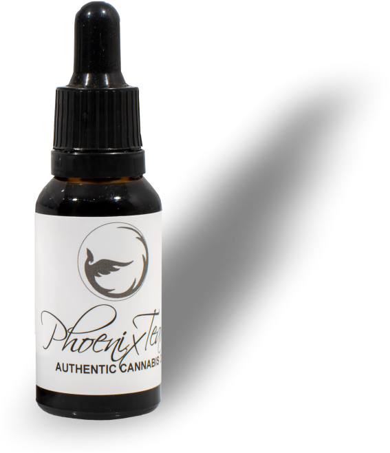 A bottle of Phoenix Tears Authentic Cannabis oil with a dropper cap.
