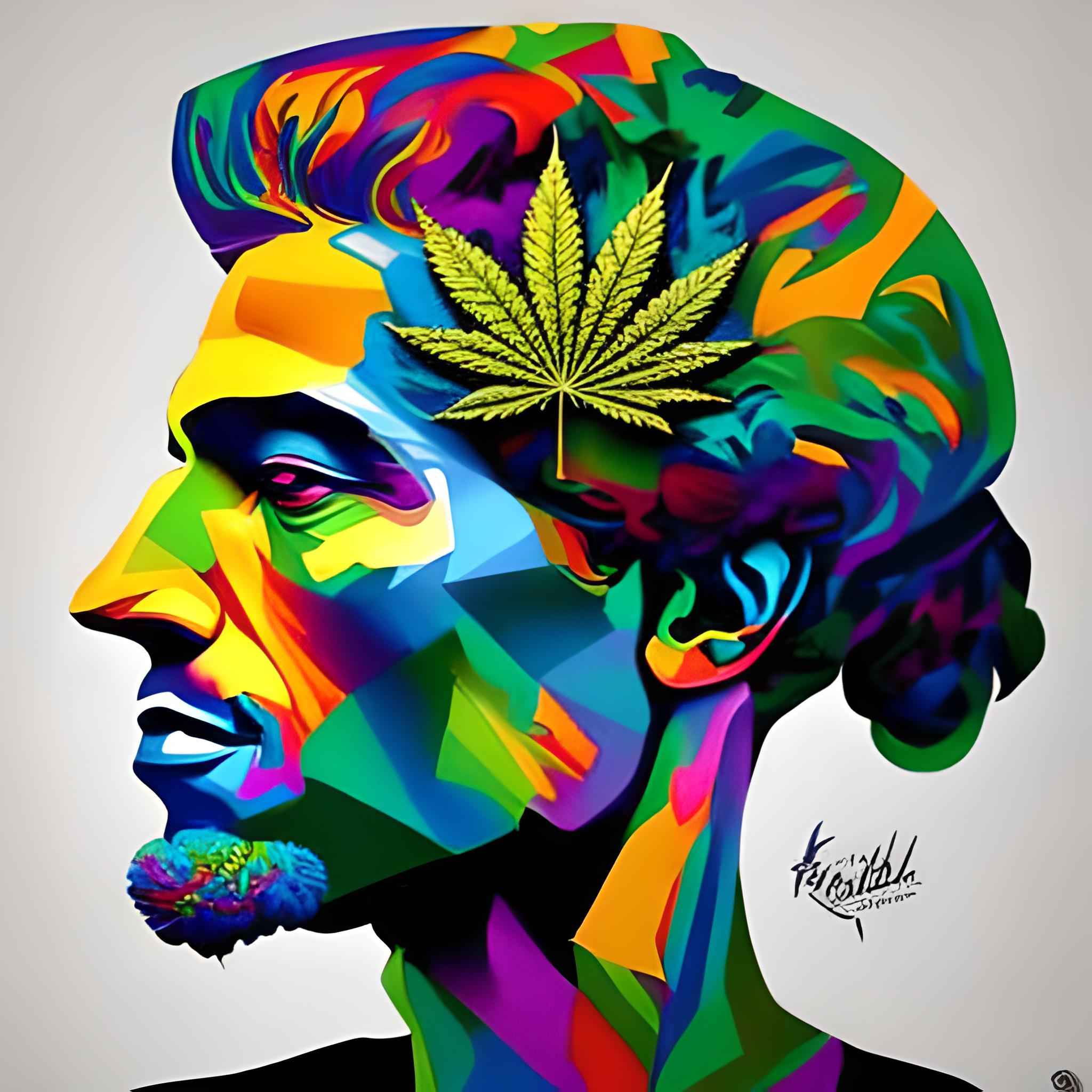 A colorful illustration of a person’s profile with a cannabis leaf on the head.